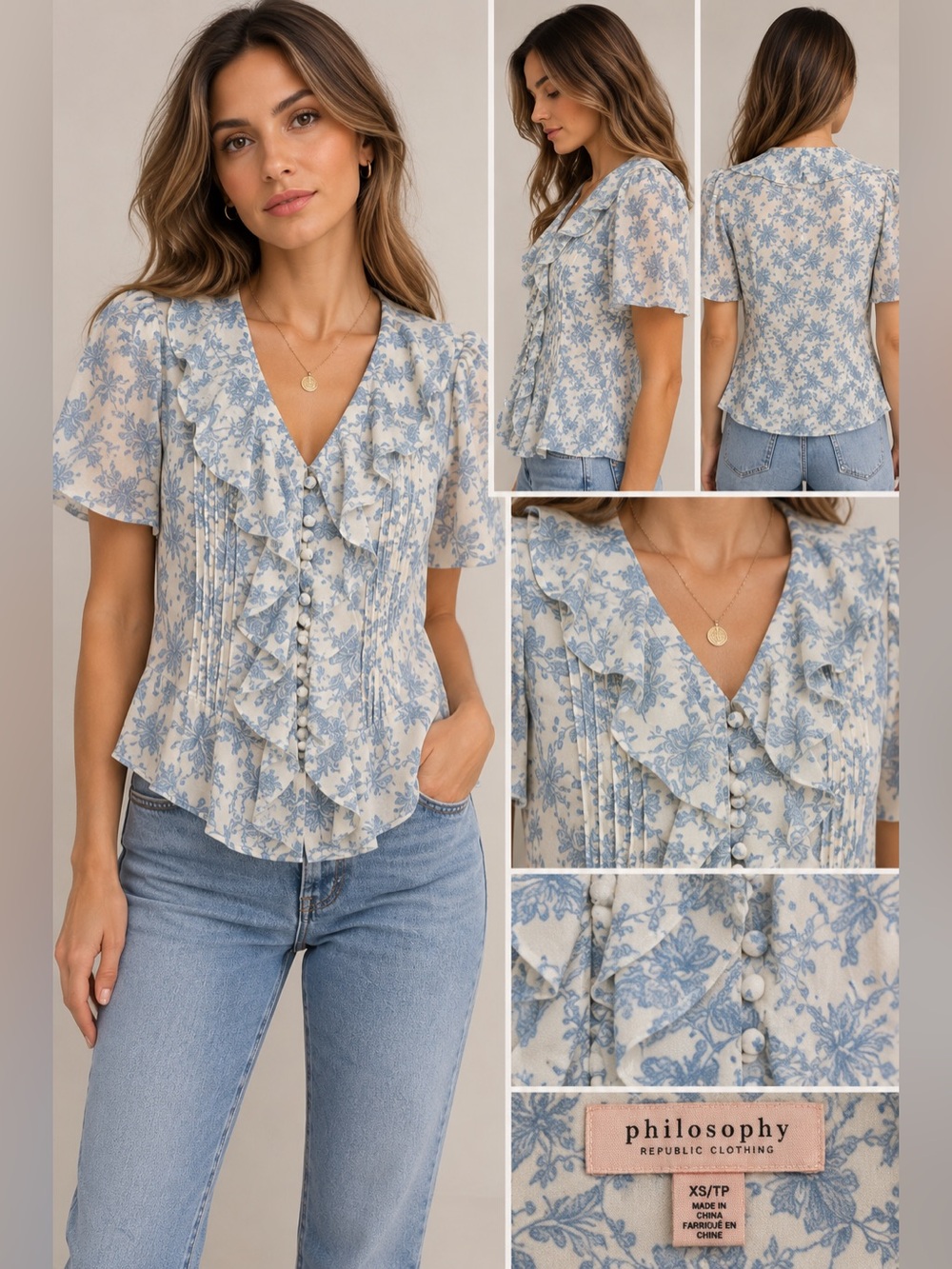 Philosophy Republic Clothing XS Blue Floral Pintuck Ruffle Blouse